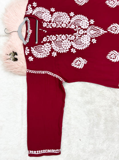 Maroon rayon plus size chikankari kurti 5