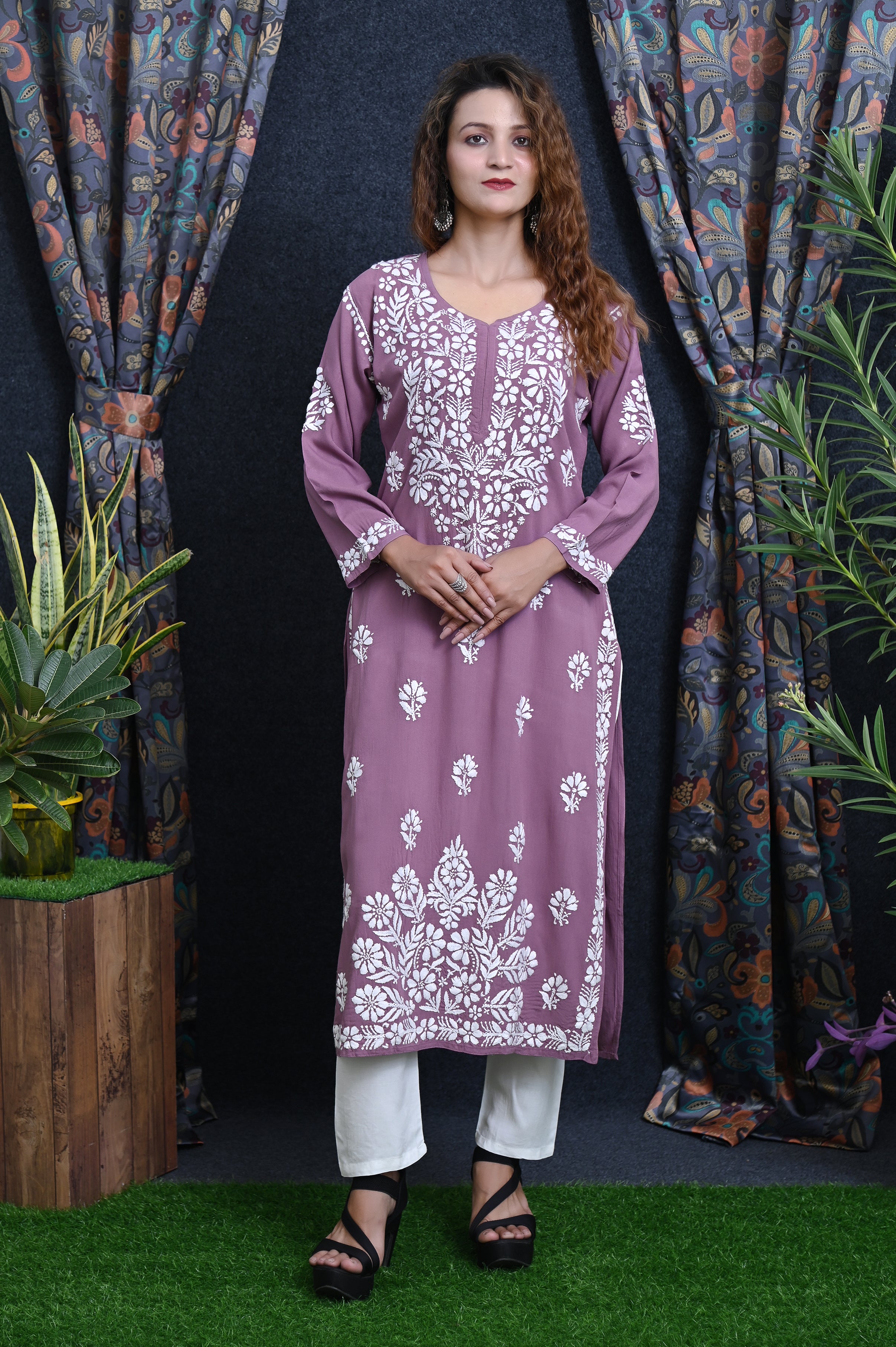 Mauve Salma Straight Chikankari Rayon Kurti