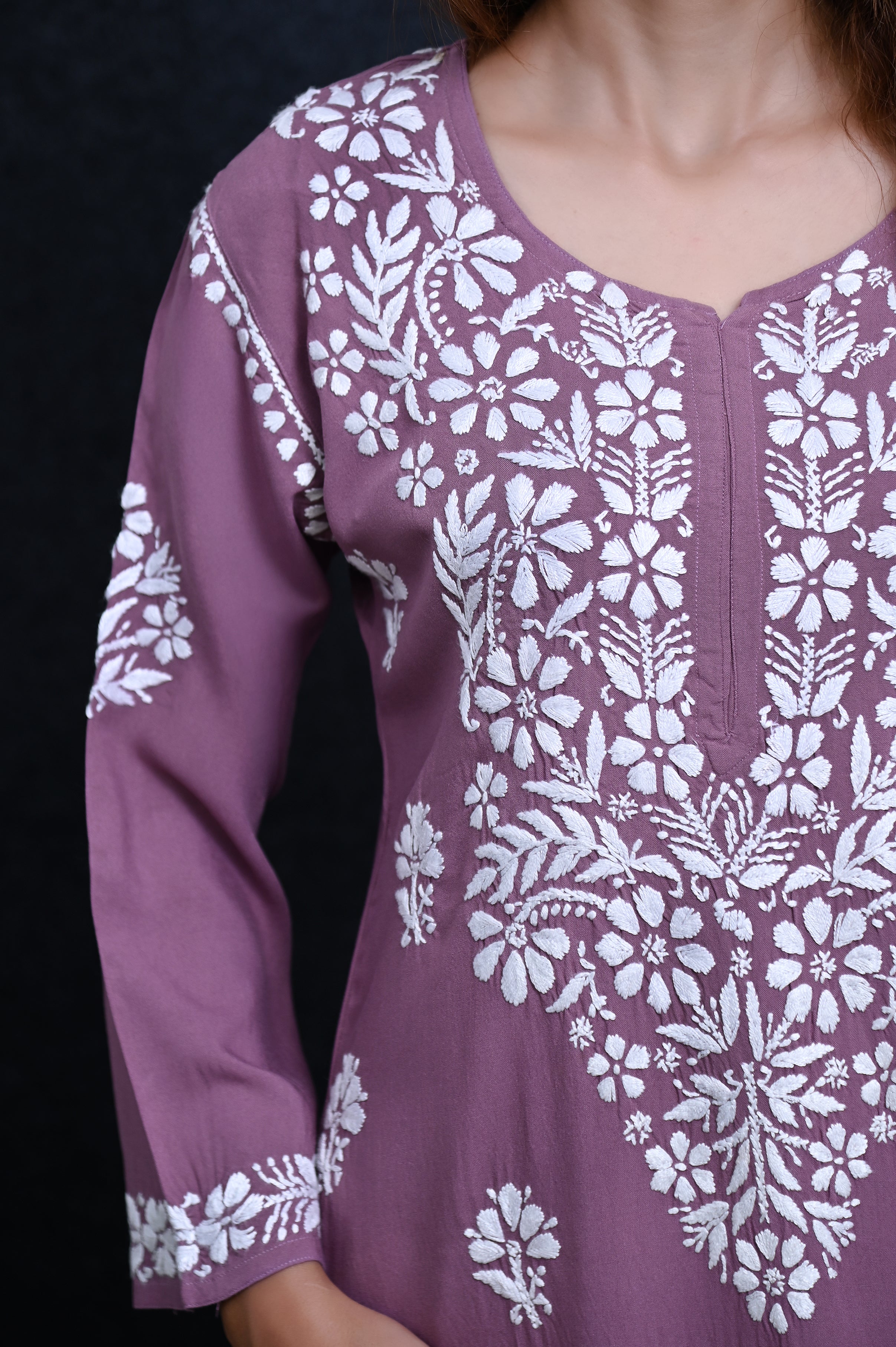 Mauve Salma Straight Chikankari Rayon Kurti