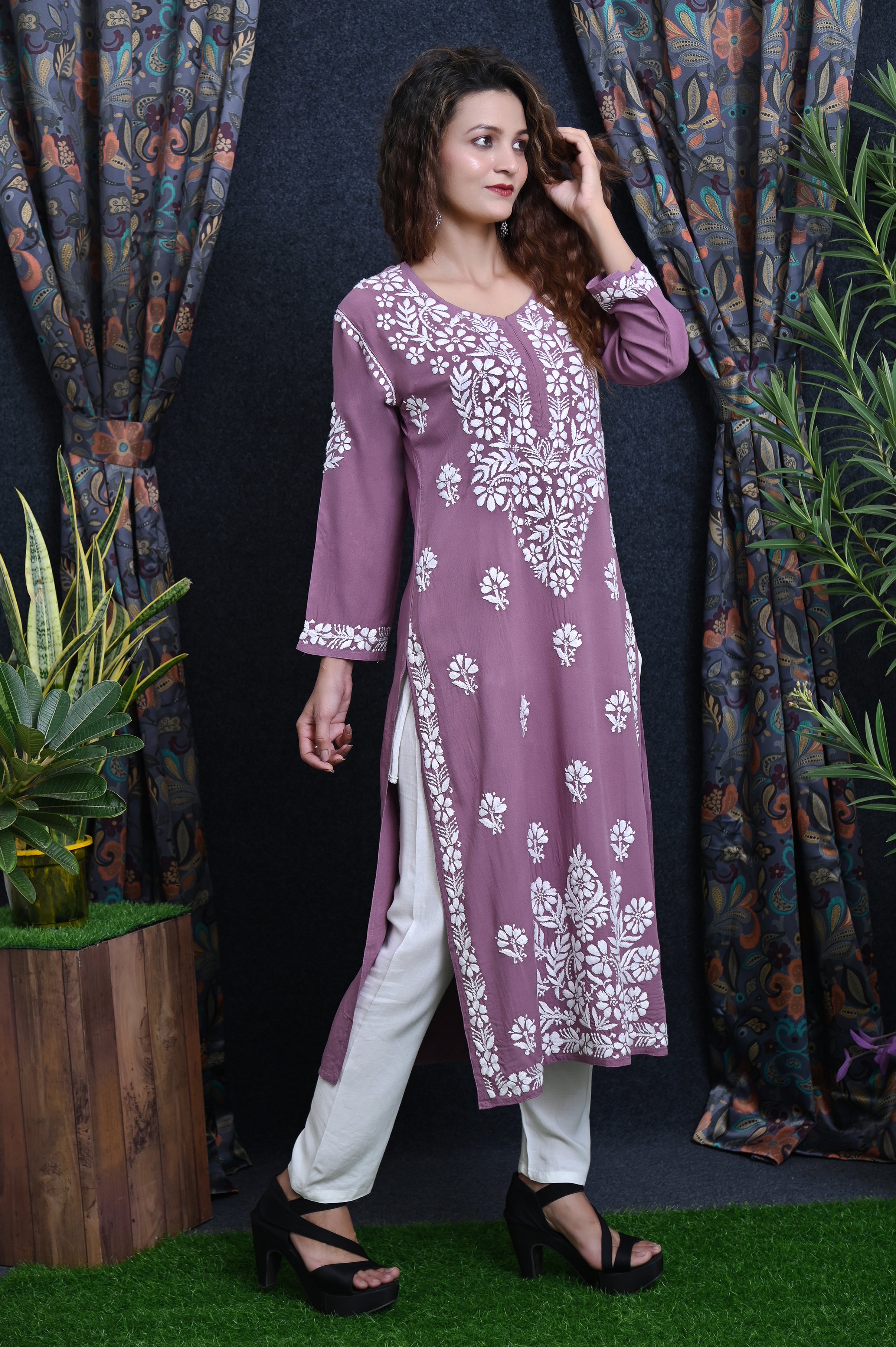 Mauve Salma Straight Chikankari Rayon Kurti