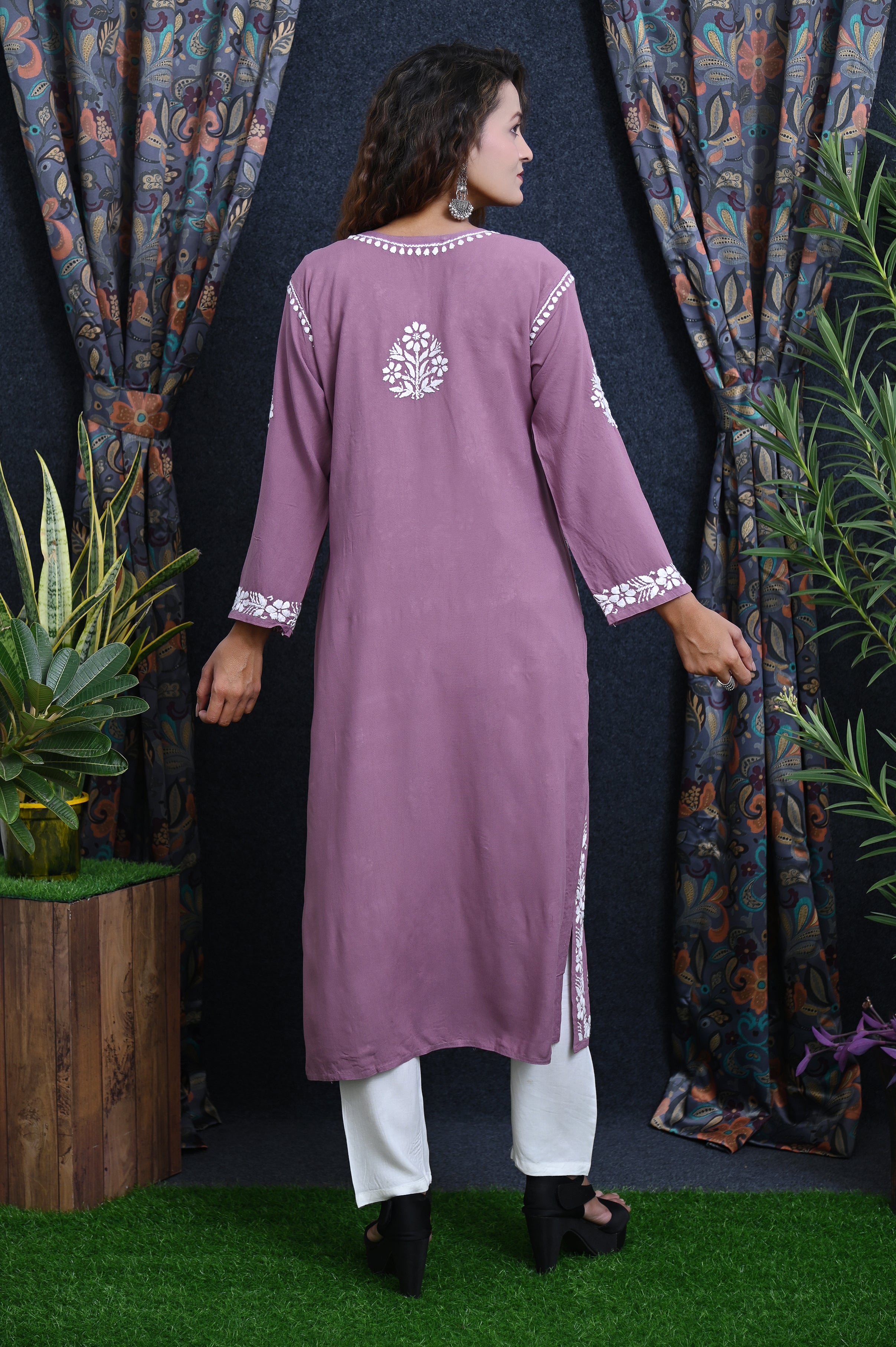 Mauve Salma Straight Chikankari Rayon Kurti