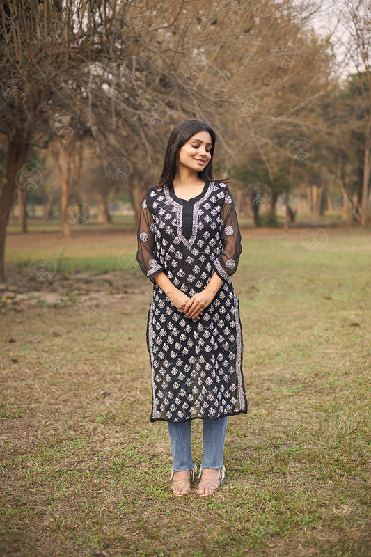 Hadia Georgette Chikankari Straight Kurti With Real Pasted Mirror Work & Matching Cotton Inner