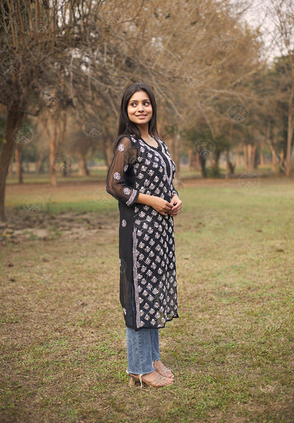 Hadia Georgette Chikankari Straight Kurti With Real Pasted Mirror Work & Matching Cotton Inner