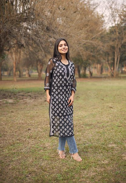 Hadia Georgette Chikankari Straight Kurti With Real Pasted Mirror Work & Matching Cotton Inner