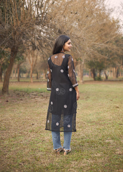 Hadia Georgette Chikankari Straight Kurti With Real Pasted Mirror Work & Matching Cotton Inner