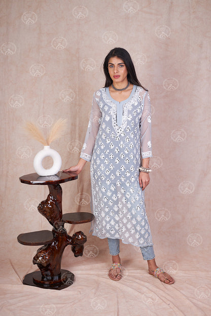 Hadia Georgette Chikankari Straight Kurti With Real Pasted Mirror Work & Matching Cotton Inner