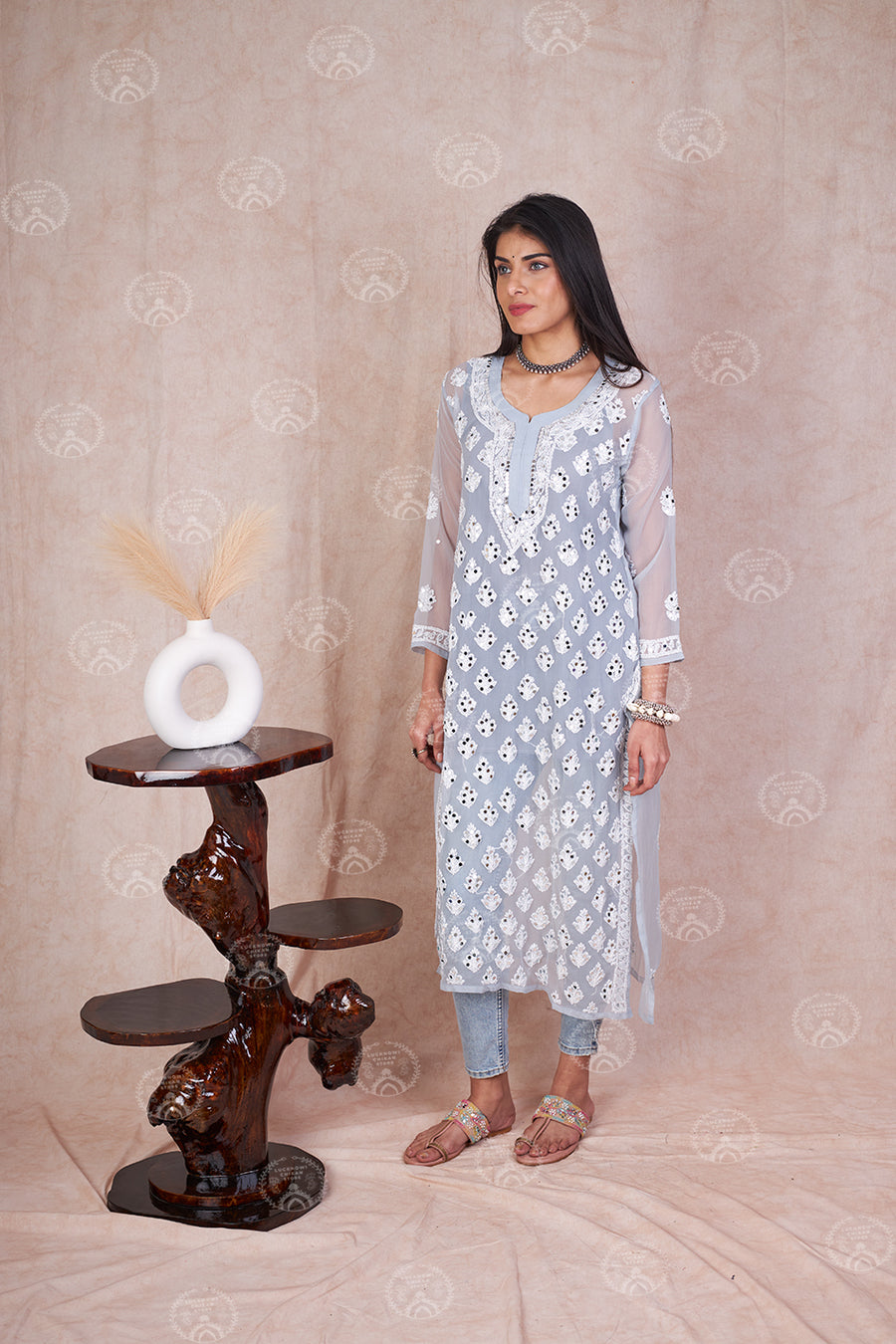 Gray Hadia Chikankari Mirror Work Kurti with Inner