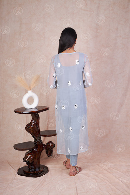 Hadia Georgette Chikankari Straight Kurti With Real Pasted Mirror Work & Matching Cotton Inner