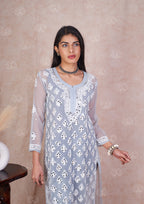 Gray Hadia Chikankari Mirror Work Kurti with Inner