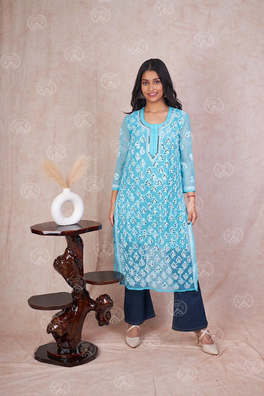 Sky Blue Hadia Chikankari Mirror Work Kurti with Inner