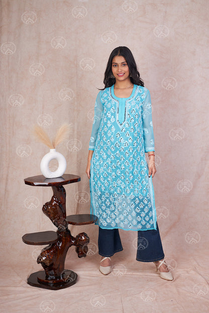 Hadia Georgette Chikankari Straight Kurti With Real Pasted Mirror Work & Matching Cotton Inner