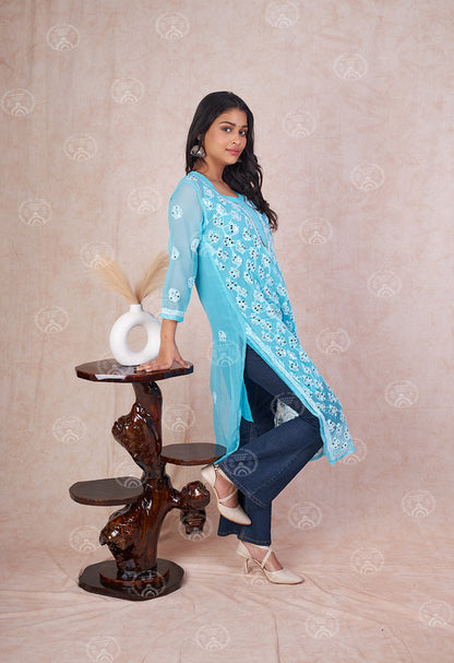 Hadia Georgette Chikankari Straight Kurti With Real Pasted Mirror Work & Matching Cotton Inner