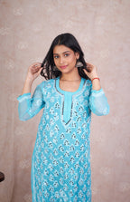 Sky Blue Hadia Chikankari Mirror Work Kurti with Inner
