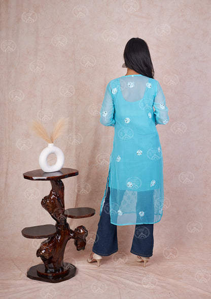 Hadia Georgette Chikankari Straight Kurti With Real Pasted Mirror Work & Matching Cotton Inner