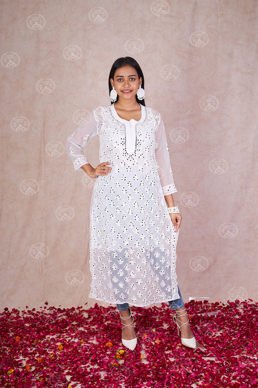 Chikankari White Booti Jaal Straight Kurti With Real Pasted Mirror Work & Matching Cotton Inner
