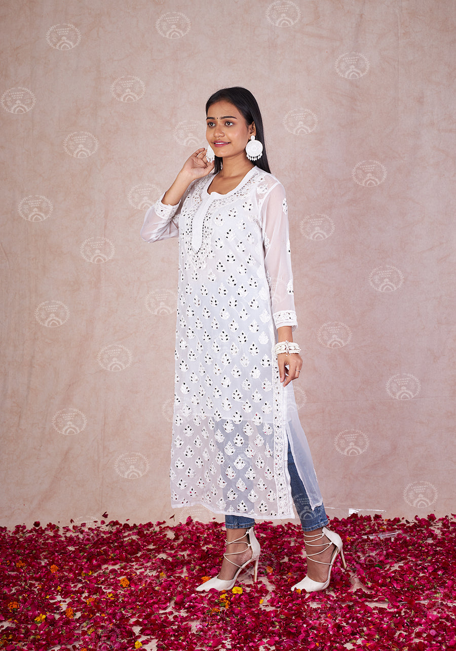 Chikankari White Booti Jaal Straight Kurti With Real Pasted Mirror Work & Matching Cotton Inner