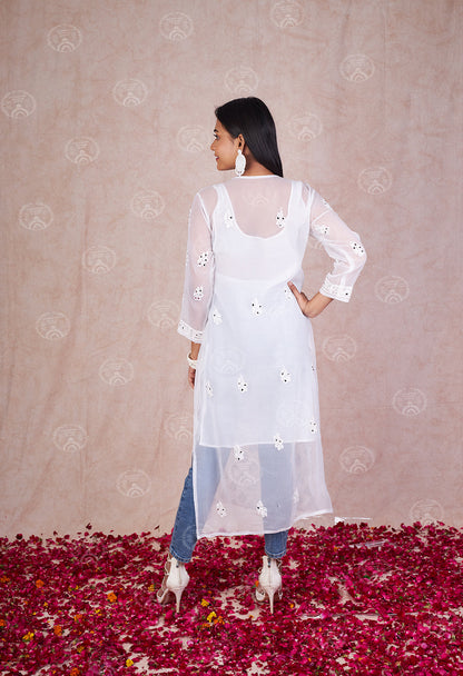 Hadia Georgette Chikankari Straight Kurti With Real Pasted Mirror Work & Matching Cotton Inner