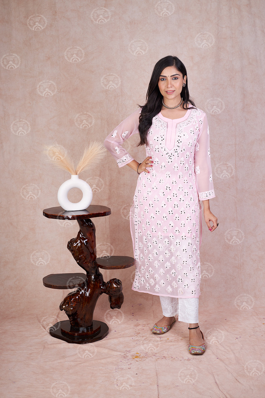 Pink Hadia Chikankari Mirror Work Kurti with Inner