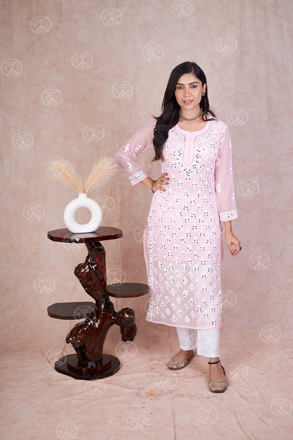 Hadia Georgette Chikankari Straight Kurti With Real Pasted Mirror Work & Matching Cotton Inner