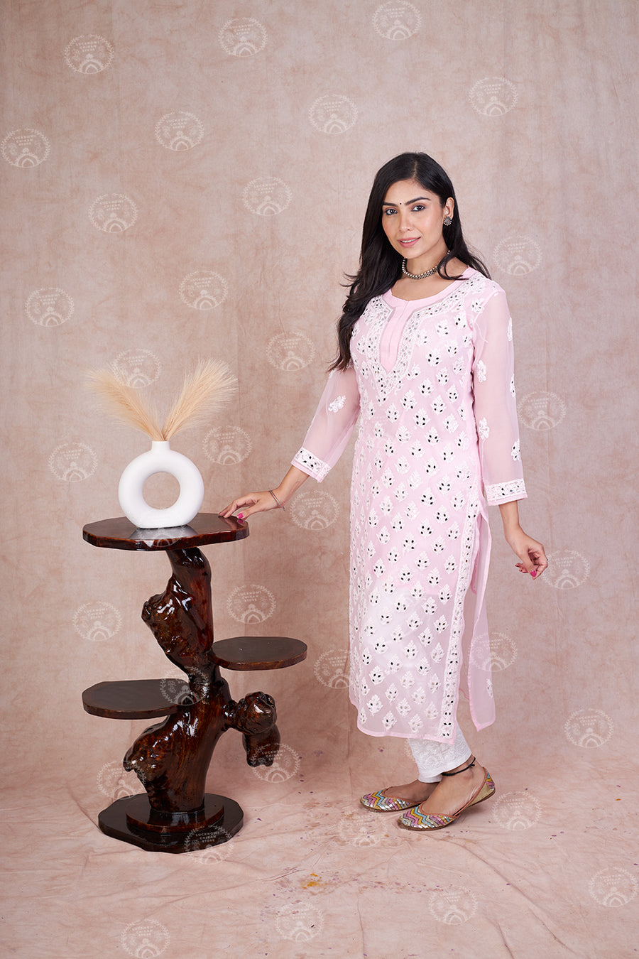 Pink Hadia Chikankari Mirror Work Kurti with Inner