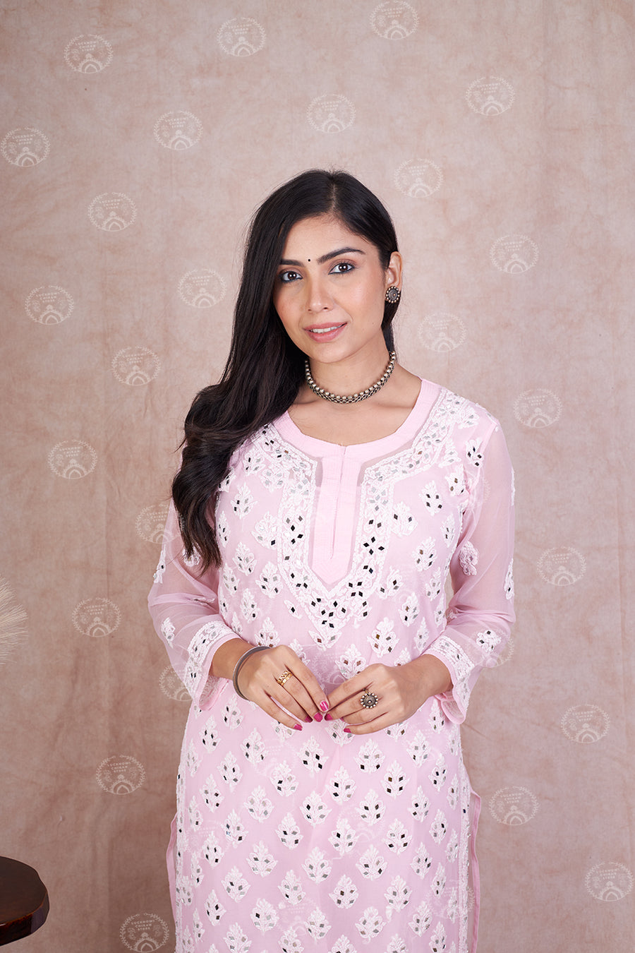 Pink Hadia Chikankari Mirror Work Kurti with Inner