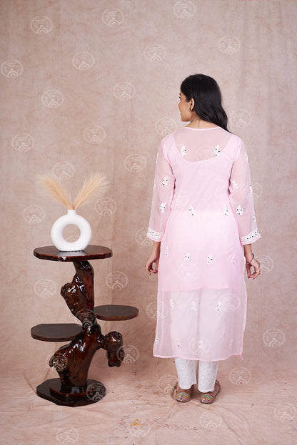 Hadia Georgette Chikankari Straight Kurti With Real Pasted Mirror Work & Matching Cotton Inner
