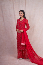Red Tamanna Mirror Work 4-Piece Kurti Set