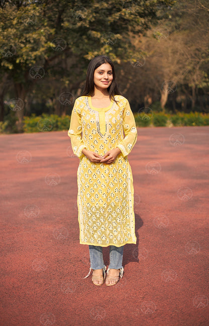 Hadia Georgette Chikankari Straight Kurti With Real Pasted Mirror Work & Matching Cotton Inner