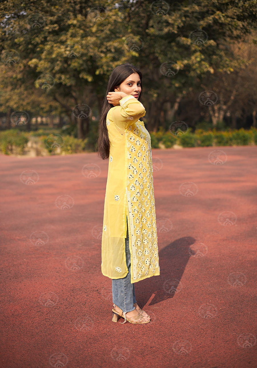 Yellow Hadia Chikankari Mirror Work Kurti with Inner