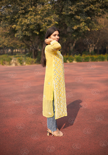 Hadia Georgette Chikankari Straight Kurti With Real Pasted Mirror Work & Matching Cotton Inner