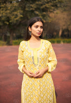 Yellow Hadia Chikankari Mirror Work Kurti with Inner