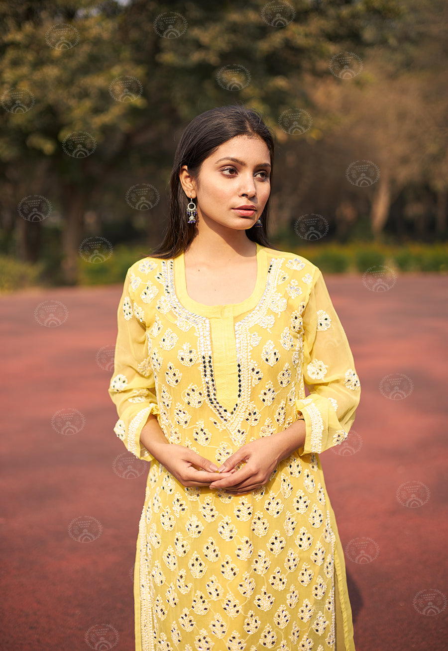 Yellow Hadia Chikankari Mirror Work Kurti with Inner