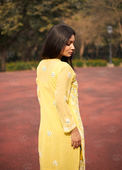Hadia Georgette Chikankari Straight Kurti With Real Pasted Mirror Work & Matching Cotton Inner