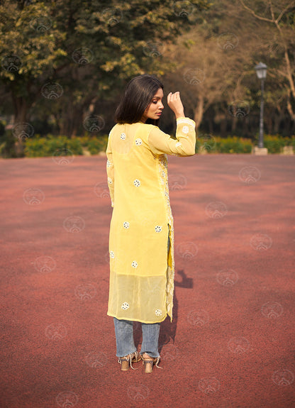 Hadia Georgette Chikankari Straight Kurti With Real Pasted Mirror Work & Matching Cotton Inner