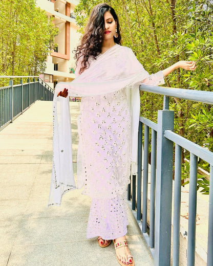 Premium Chiffon Georgette Real Pasted Mirror Work Kurti, Sharara & Dupatta Set With Matching Cotton Inner, 4-Piece Kurti Set