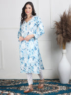 Blue Huda Floral Print Mulmul Kurti