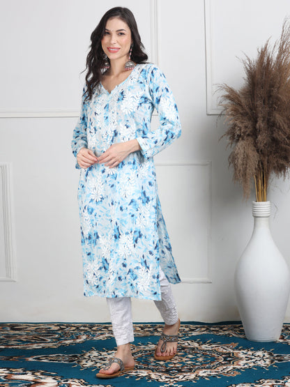 Women's White Base Pure Mulmul Floral Print Lucknowi Chikankari Straight Long Kurti
