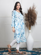 Blue Huda Floral Print Mulmul Kurti