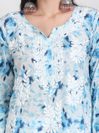 Blue Huda Floral Print Mulmul Kurti