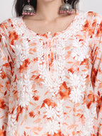 Orange Huda Floral Print Mulmul Kurti
