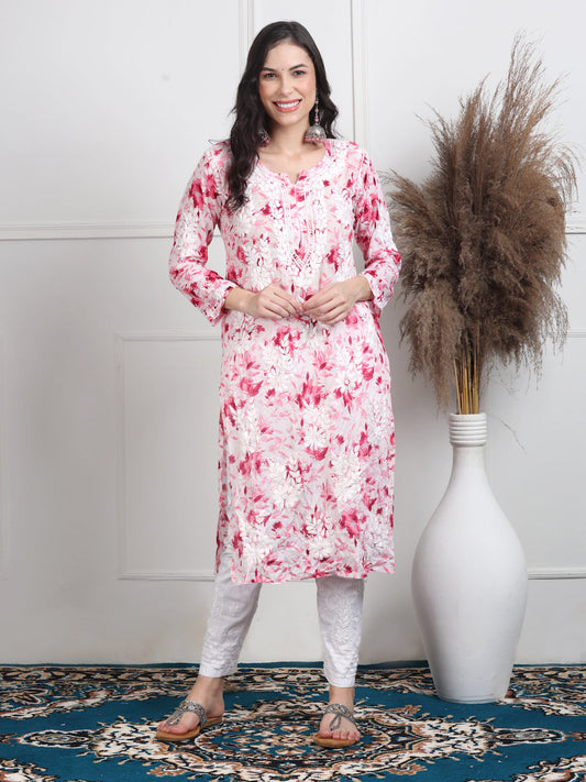 Women's White Base Pure Mulmul Floral Print Lucknowi Chikankari Straight Long Kurti