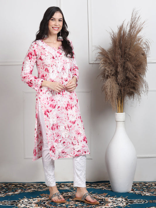 Women's White Base Pure Mulmul Floral Print Lucknowi Chikankari Straight Long Kurti