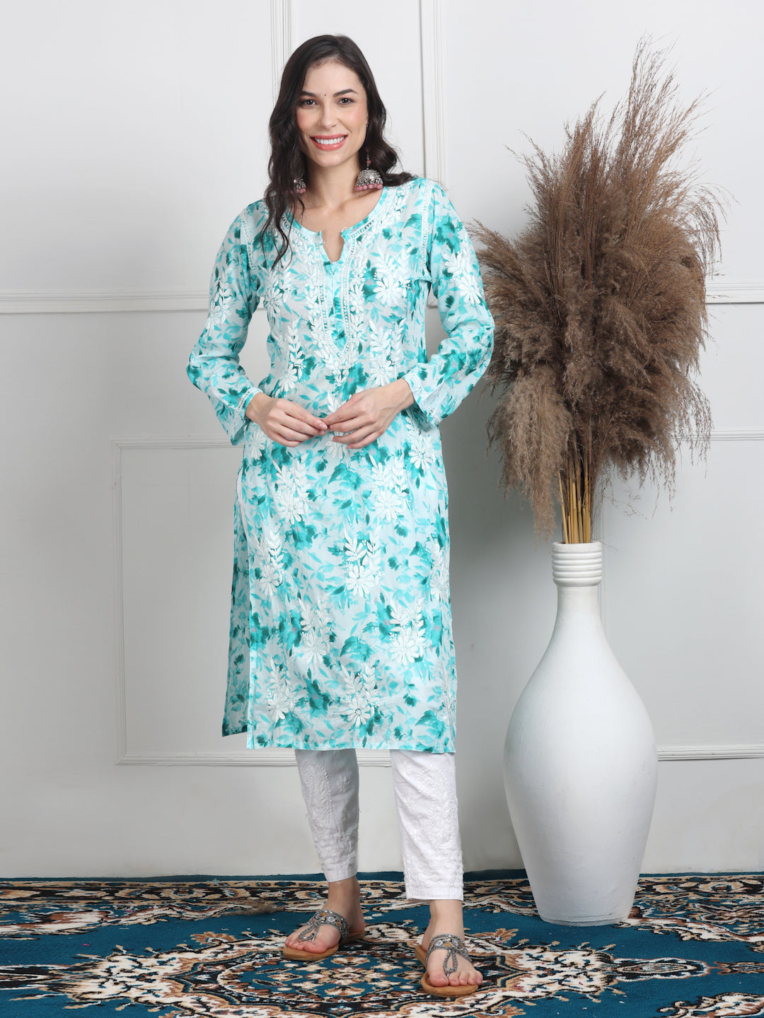 Women's White Base Pure Mulmul Floral Print Lucknowi Chikankari Straight Long Kurti