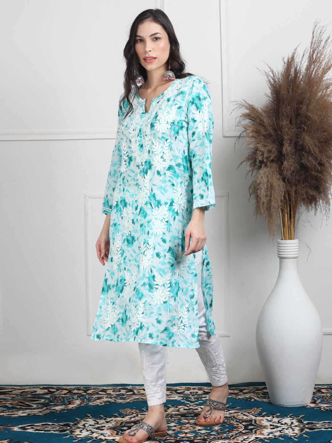 Women's White Base Pure Mulmul Floral Print Lucknowi Chikankari Straight Long Kurti