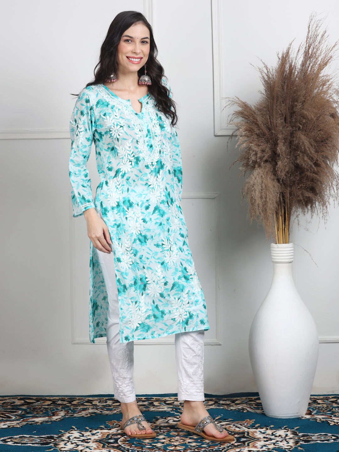 Women's White Base Pure Mulmul Floral Print Lucknowi Chikankari Straight Long Kurti