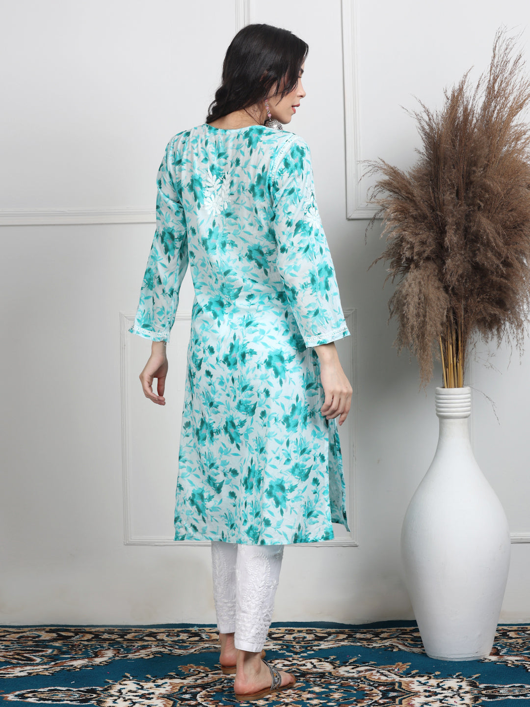 Women's White Base Pure Mulmul Floral Print Lucknowi Chikankari Straight Long Kurti