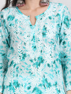Sea Green Huda Floral Print Mulmul Kurti
