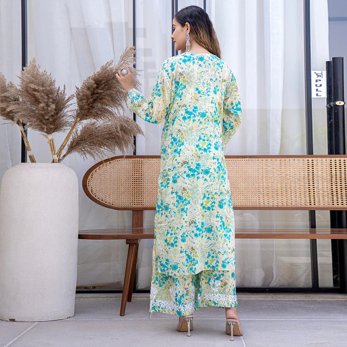 Sea Green Wafa Printed Mulmul Kurti & Palazzo Set