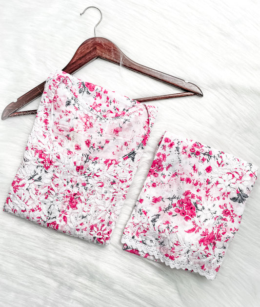 Chikankari Hand Embroidery White Base Mulmul Floral Print Kurti & Palazzo Set For Women