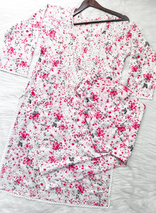 Chikankari Hand Embroidery White Base Mulmul Floral Print Kurti & Palazzo Set For Women